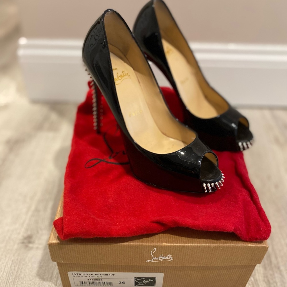 Christian Louboutin Black Patent Peep Toe Heels with Silver Studs